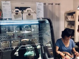 Owner and her little pastry fridge. She was delightful!   at La Vie Cherie in Cucuron