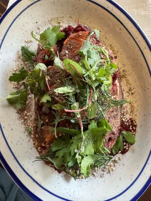 Overhead shot of veggie toast. Yes there is bread under there  at B-Side Foods in Seattle