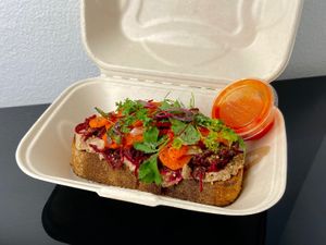veggie toast + hot sauce (takeout) at B-Side Foods in Seattle
