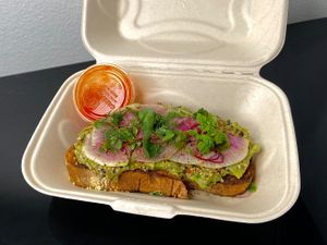 avocado toast + hot sauce (takeout) at B-Side Foods in Seattle