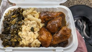 Collards, M&C, drummies at Zoe's Vegan Delight  in Washington