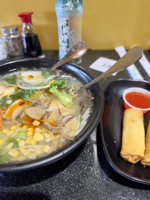 Tofu Miso Ramen with veggies and a side of spring rolls  at Umami Noodle in Cuyahoga Falls