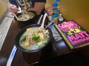 My partner asked for his tofu veggie ramen to be made extra spicy, which it is    at Umami Noodle in Cuyahoga Falls