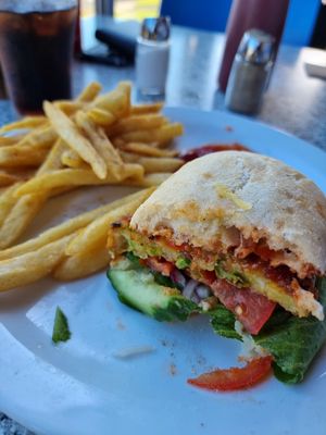 Vegie burger with chips at 12 Rocks Beach Bar Cafe in Port Campbell