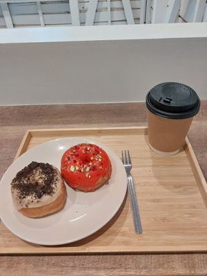 raspberry pistachio donuts and iced soy latte at Trick or Treat Vegan Sweets (formerly Canelita Sweets) in Osaka