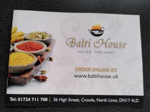Front of menu (May 2022) at The Balti House in Scunthorpe