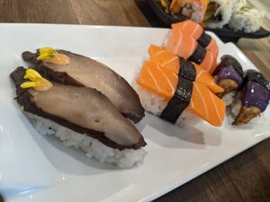 Portobello, salmon and eggplant nigiri at OPLANTE Vegan Sushi & Wok  in Montreal