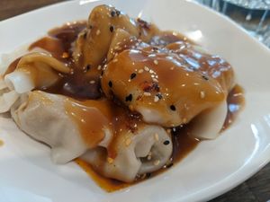 Dumplings with spicy peanut sauce (not really spicy though) at OPLANTE Vegan Sushi & Wok  in Montreal