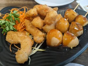 Salt and pepper shrimp and mushroom kebabs at OPLANTE Vegan Sushi & Wok  in Montreal