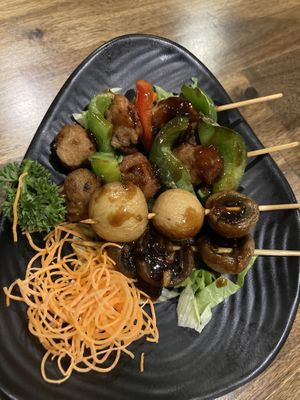 Mock Chicken and Mushroom skewers  at OPLANTE Vegan Sushi & Wok  in Montreal