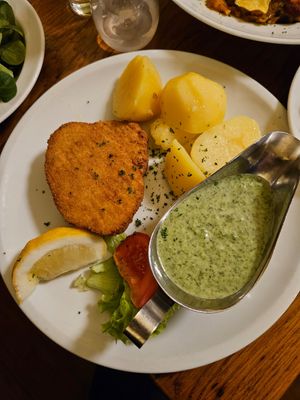 Vegan schnitzel,  green sauce, and boiled potatoes at Dauth-Schneider in Frankfurt