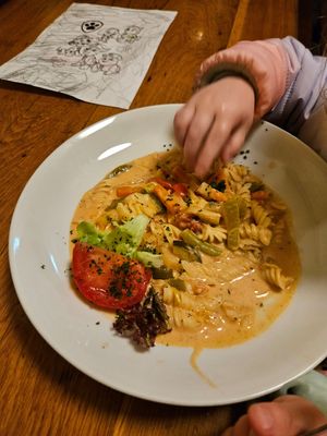 Vegan pasta,  excuse the baby hands.  They enjoyed it, too. at Dauth-Schneider in Frankfurt