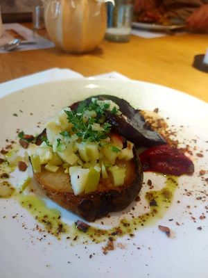 Celery & beetroot steak with mushroom-stuffed bok choy at Prímás Pince in Esztergom