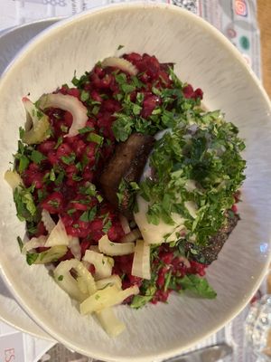 Beetroot risotto with parsley mash and tofu   at Prímás Pince in Esztergom