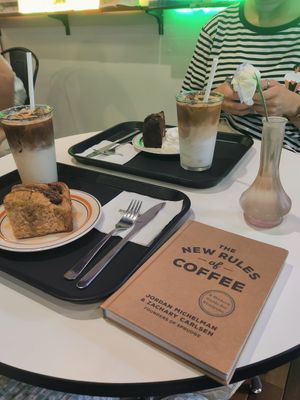Banana bread, chocolate banana bread and two iced lattes at Caffeinated in Busan