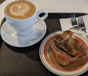 Banana bread and latte at Caffeinated in Busan