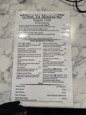 Menu Oct 2025  at Not Ya Mama's Vegan Cafe in Salem