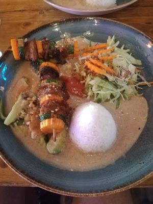 Seitan Sticks with Vegetables + Rice, Salad and a Peanut Sauce at Saigon Dragon in Berlin
