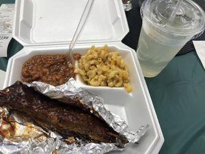 Vegan Ribs, Mac & Cheese and Baked Beans paired with fresh squeezed lemonade! Yum Yum   at The Soulful Vegan in Akron