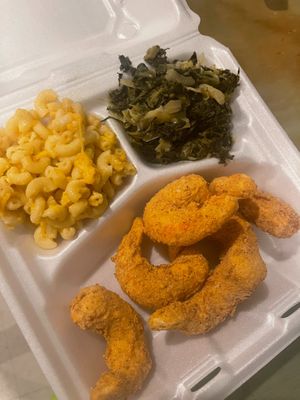 Jumbo Fried Shrimp with Mac & Cheese and Collard Greens and Cabbage  at The Soulful Vegan in Akron