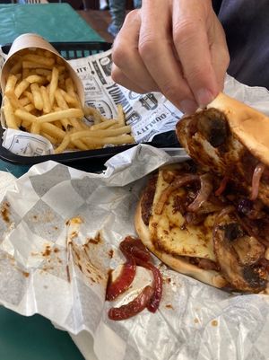 Mushroom and Swiss Burger with fries  at The Soulful Vegan in Akron