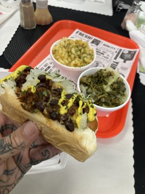 Chilli dog mac n greens   at The Soulful Vegan in Akron