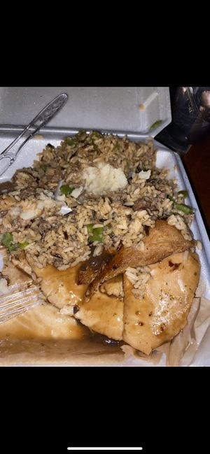 Turkey dinner with dirty rice and mashed potatoes   at The Soulful Vegan in Akron