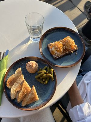 Vegan foie gras to the left and danish rye with home made fermented cashew cheese and cloudberry jam (just amazing!)  at Chewie's Bar in Stockholm