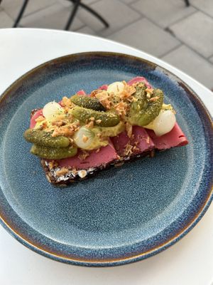 Danish rye with ”roast peaf” and curry remoulade   at Chewie's Bar in Stockholm