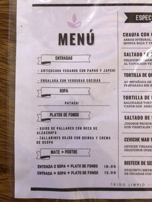 Menu of the day at Trigo Limpio in Huancayo
