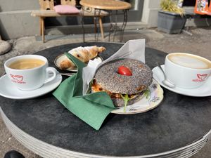 Vegan chocolate croissant, bagel with homemade seitan and coffee with oat milk  at Wahrhaft Nahrhaft in Berlin