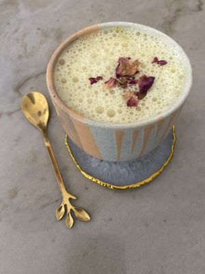 A saffron and rose latté with He shou wu.  at Herbalista Love in Cabarete