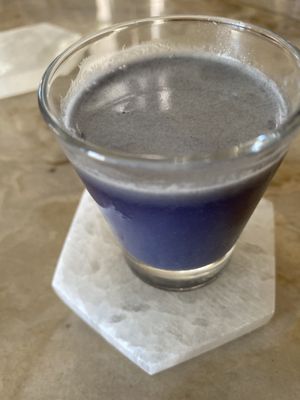 The smurf potion with butterfly pea flower and coconut mylk.  at Herbalista Love in Cabarete