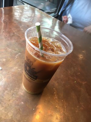 Coffee with plant milk at The Works Cafe in Brattleboro