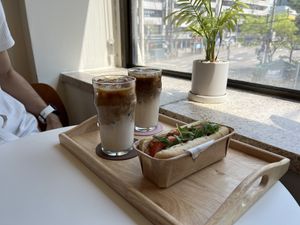 Vegan pulled pork sandwich with oat milk lattes   at Swallow Bakery & Cafe - 스왈로베이커리카페 in Seoul
