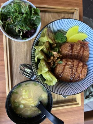 Pumpkin krokets rice and vegan gyoza   at Takumi in Eindhoven