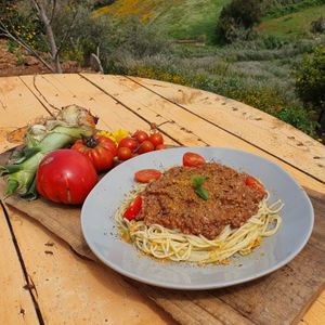 Spaghetti bolognese prepared from sunflower seeds with tomato and basil, at Eco Rico in Gran Canaria