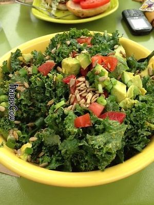 Marinated kale salad (oil free!) with nutritional yeast, tomato, sprouted sunflower seeds, and avocado. YUM! at Frida's in University City
