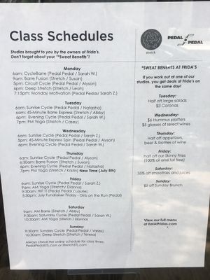 Class schedule for studio next door, same owner. Attendees get Frida’s specials at Frida's in University City