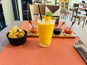 Chips, sauces and freshly squeezed OJ  at Eat Me Kech in Marrakech