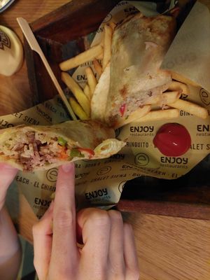 Vegan Burrito (with Beyond Meat) and fries at Bonito Kitchen & Cocktails in Mallorca