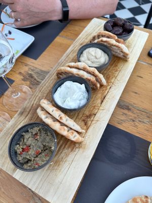 Dip selection - hummus was nice at Mystilli Roof Garden in Rhodes