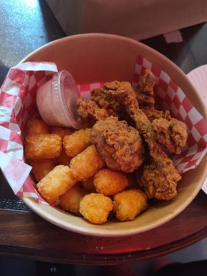 Fried chick'n (wheat gluten) bucket with ranch and tots at Secret Vegan Kitchen in New York City