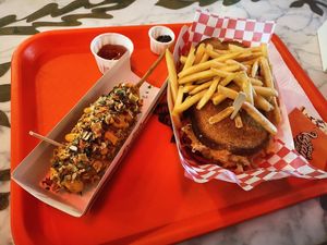 Ramen Corn Dog and the Pastrami Reuben with Fries at Secret Vegan Kitchen in New York City