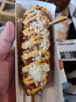 Street Corn-Corn Dog is our favorite of the 2 kinds of SVK Corn Dogs at Secret Vegan Kitchen in New York City