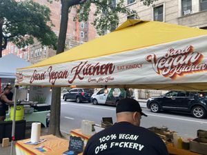 Kiosk at vegan street fair at Secret Vegan Kitchen in New York City