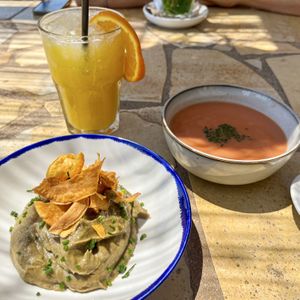 Gazpacho + baba ganoush  at Pura Vida in Mallorca