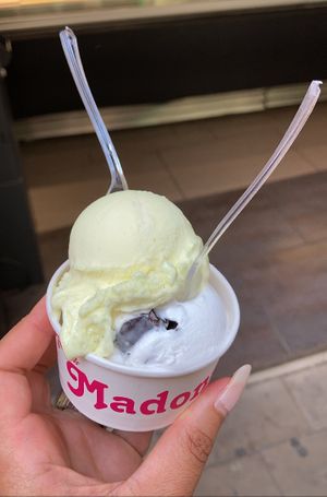 Glace vegan avec une boule ananas (piña) et une boule stracciatella   at Madonna Vegan in Figueres