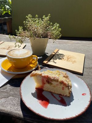 Rhubarb cake and soy cappuccino  at Art Cafe in Ziar Nad Hronom