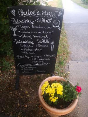 outside vegan-labeled food at Art Cafe in Ziar Nad Hronom